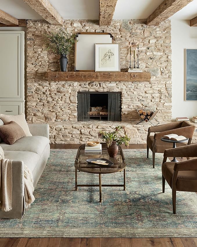 Loloi Magnolia Home by Joanna Gaines Banks Collection BAN-01 Ocean/Spice 7'-6" x 9'-6", .13" Pile Height, Machine Washable, Area Rug