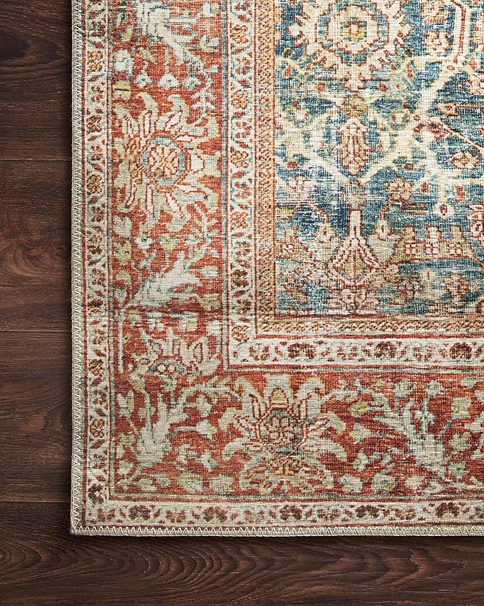 Loloi Layla Collection LAY-04 Ocean/Rust 2'-6" x 9'-6" .13" Thick Runner Rug, Soft, Durable, Vintage Inspired, Distressed, Low Pile, Non-Shedding, Easy Clean, Printed, Living Room Rug