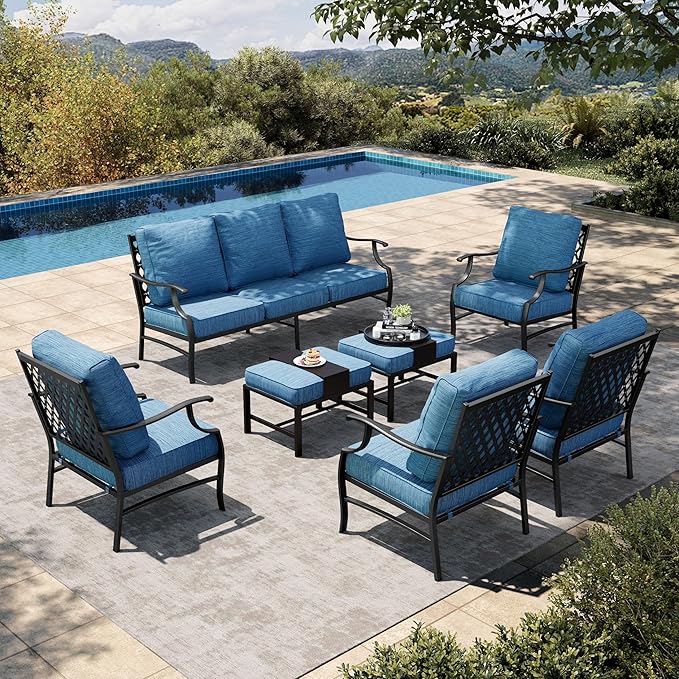 HERA'S HOUSE 7 Piece Patio Furniture Set, 4 x Leg Chair, 2 x Cushioned Ottoman, 1 x 3-Seat Sofa, All Cushioned 9 Seats Metal Outdoor Conversation Set for Lawn Garden Backyard