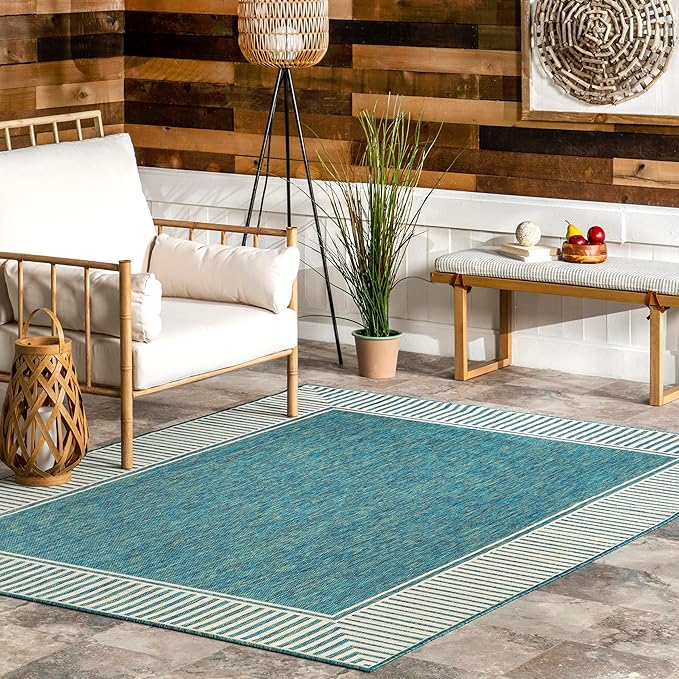 nuLOOM 5' x 8' Outdoor Area Rug, Casual Design With Striped Border, Stain Resistant, Highly Durable, For Patio, Balcony, Bedroom, Living Room, Dining Room, Bathroom, Teal