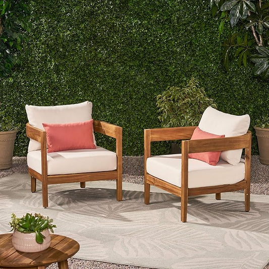 Christopher Knight Home 312395 Alfy Outdoor Club Chair with Cushions (Set of 2), Teak Finish, Beige
