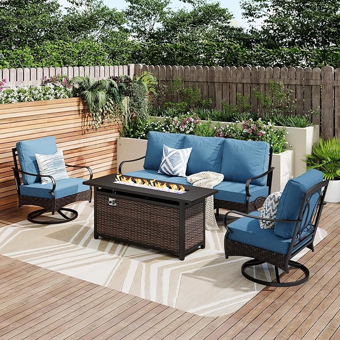 PHI VILLA Patio Furniture Set with 56" Fire Pit Table, Premium Outdoor Wicker Metal Frame Furniture with Upgraded Waterproof Thick Cushions for Porch, Poolside, Deck, and Yard(4 Pieces,Navy