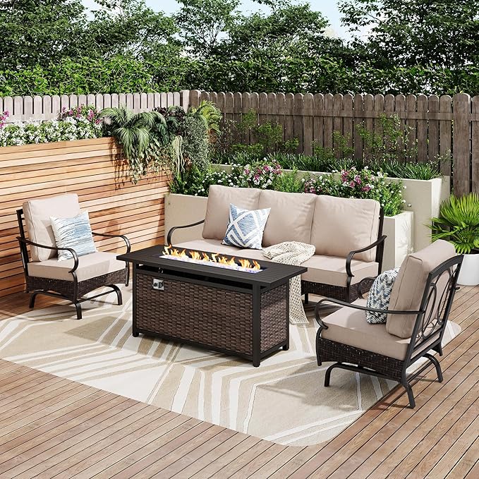 Patio Furniture Set with 56" Fire Pit Table, Premium Outdoor Wicker Metal Frame Furniture with Upgraded Waterproof Thick Cushions for Porch, Poolside, Deck, and Yard (4 Pieces,Beige)