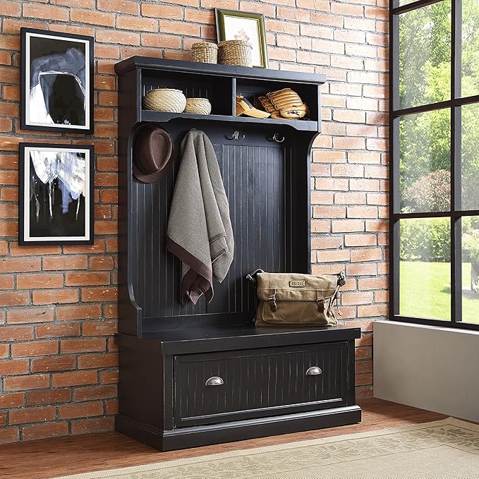 Crosley Furniture Seaside Hall Tree with Shoe Rack Bench and Coat Hooks for Hanging Storage, Distressed Black