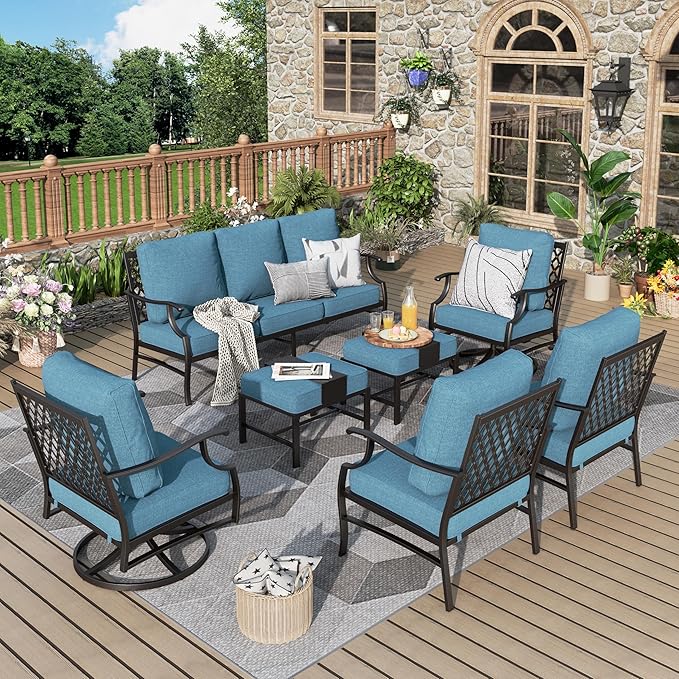 Patio Furniture Set 7 pcs, Outdoor Patio Furniture, 3-Seat Sofa, 2 Single Chairs, 2 Swivel Chairs, 2 Ottomans and 5.75" Extra Thick Cushion, Conversation Set for Deck,Navy Blue