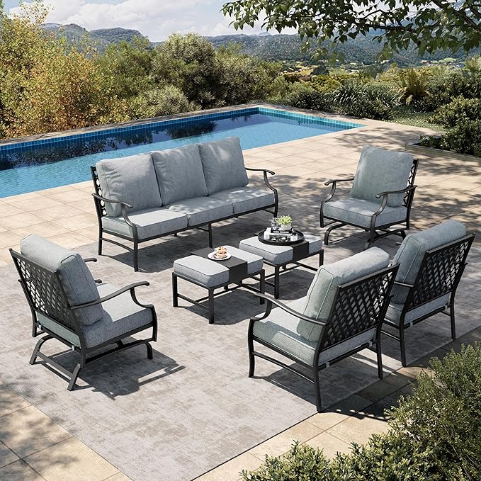 HERA'S HOUSE 7 Piece Patio Furniture Set, 2 x Rocking Chair, 2 x Fixed Chair, 2 x Ottoman, 1 x 3-Seat Sofa, All Cushioned 9 Seats Outdoor Conversation Set for Lawn Garden Backyard, Grey