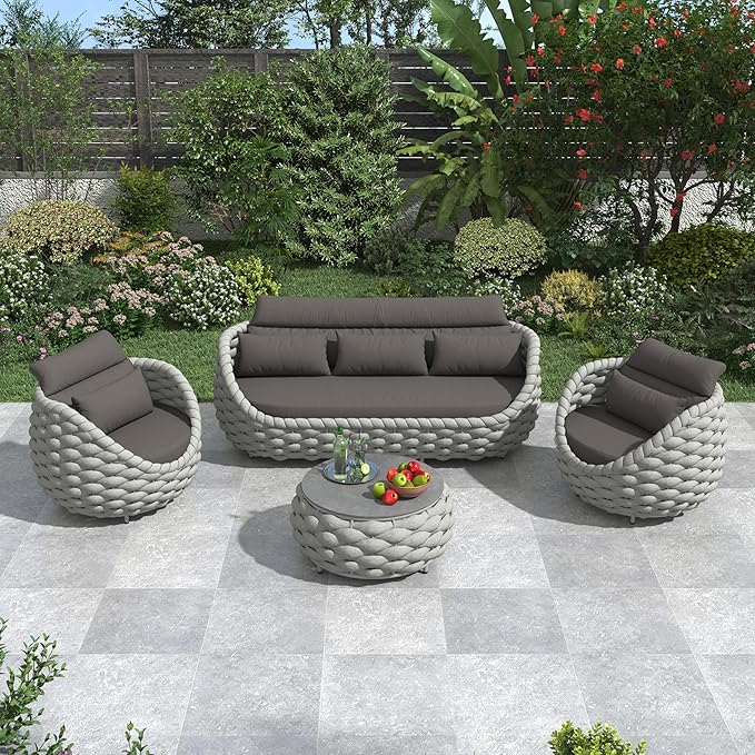 Rope Patio Furniture Set: 4 Pieces Aluminum Outdoor Couch Set Cushioned - Assembled Conversation Sofa Set Modern - Metal Porch Seating for 5 Person - All Weather for Deck Garden Poolside Hotel