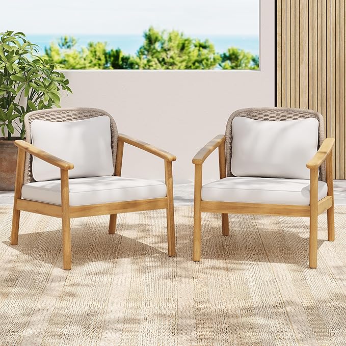 Christopher Knight Home Octavia Outdoor Club Chairs Set of 2, Acacia Wood Accent Chair with Cushion, Woven Rope Backrest Armchair, Solid Wood Frame Chair, Patio Chair for Porch Backyard, Beige+Teak