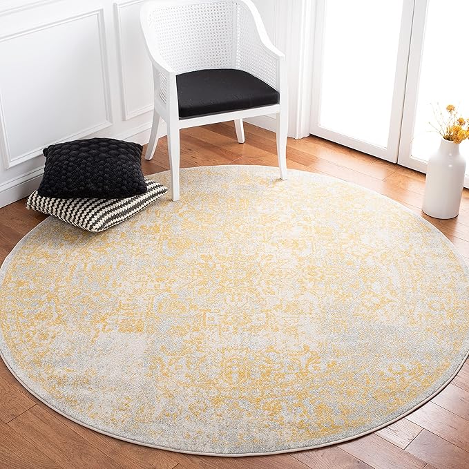 SAFAVIEH Evoke Collection Area Rug - 5'3" Round, Ivory & Gold, Distressed Design, Non-Shedding & Easy to Clean, Ideal for Living Room, Bedroom, Dining Space (EVK256B)