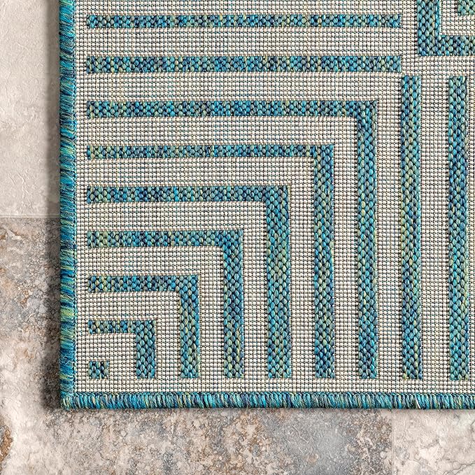 nuLOOM 5' x 8' Outdoor Area Rug, Casual Design With Striped Border, Stain Resistant, Highly Durable, For Patio, Balcony, Bedroom, Living Room, Dining Room, Bathroom, Teal