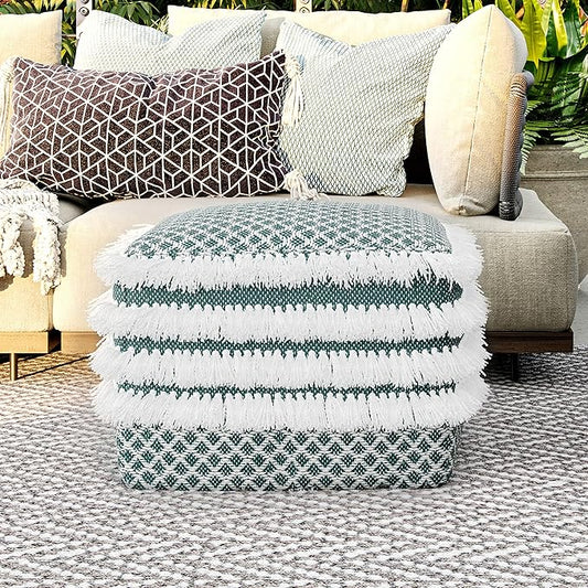 SIMPLIHOME Leah Boho Square Woven Outdoor/ Indoor Pouf in Turquoise and White Recycled PET Polyester for the Living Room, Bedroom and Kids Room