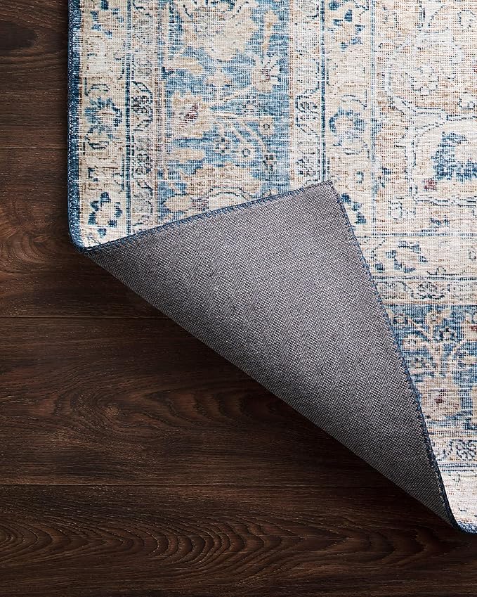 Loloi Layla Collection LAY-07 Blue/Tangerine 3'-6" x 5'-6" .13" Thick Accent Rug, Soft, Durable, Vintage Inspired, Distressed, Low Pile, Non-Shedding, Easy Clean, Printed, Living Room Rug