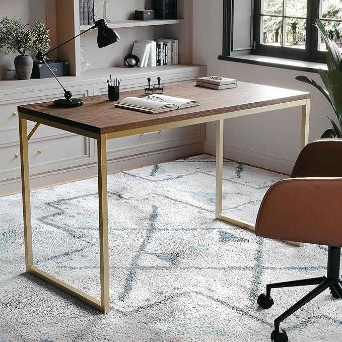 Martha Stewart Noah Home Office Parsons Desk in Walnut Wood Grain with Polished Brass Metal Frame