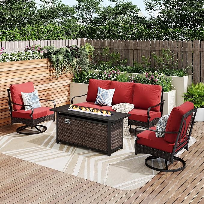 PHI VILLA Patio Furniture Set with 56" Fire Pit Table, Premium Outdoor Wicker Metal Frame Furniture with Upgraded Waterproof Thick Cushions for Porch, Poolside, Deck, and Yard (4 Pieces,Red