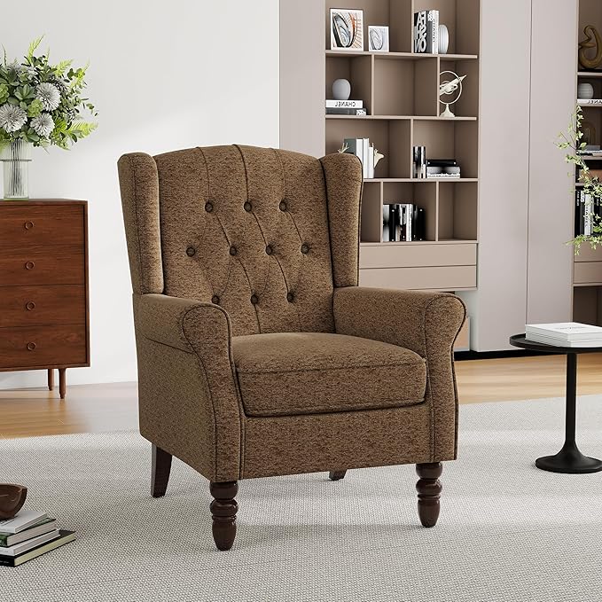 Mid-Century Modern 2-Piece Wingback Chair Set - Plush Upholstered Accent Chairs with Solid Wood Legs, High Back Lounge Seating for Living Room, Bedroom & Office - Retro Matched Pair (Creamy Brown)