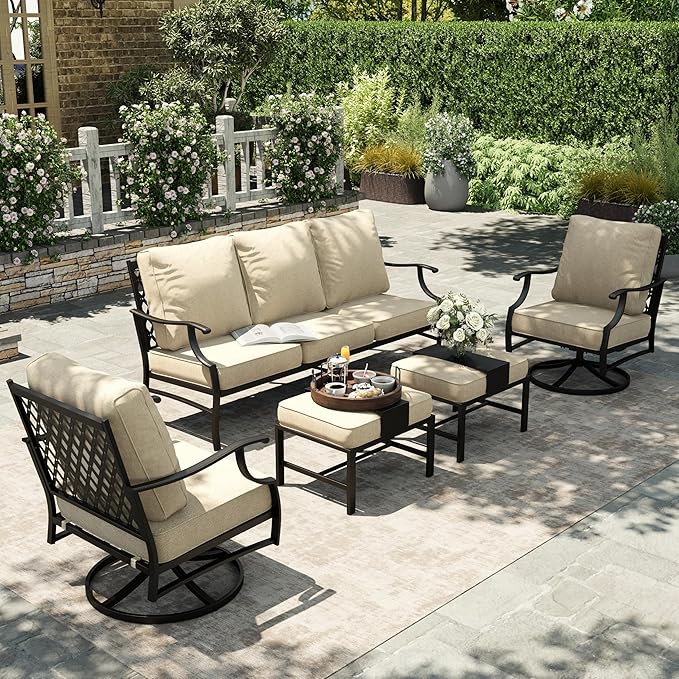 HERA'S HOUSE 5 Piece Patio Furniture Set, 2 x Swivel Chair, 2 x Ottoman, 1 x 3-Seat Sofa, All Cushioned 7 Seats Outdoor Conversation Set for Lawn Garden Backyard