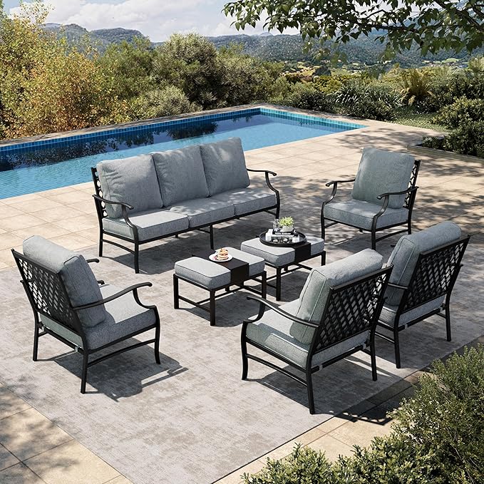 HERA'S HOUSE 7 Piece Patio Furniture Set, 4 x Metal Cushioned Chair, 2 x Cushioned Ottoman, 1 x 3-Seat Sofa, Outdoor Conversation Set for Lawn Garden Backyard, Grey