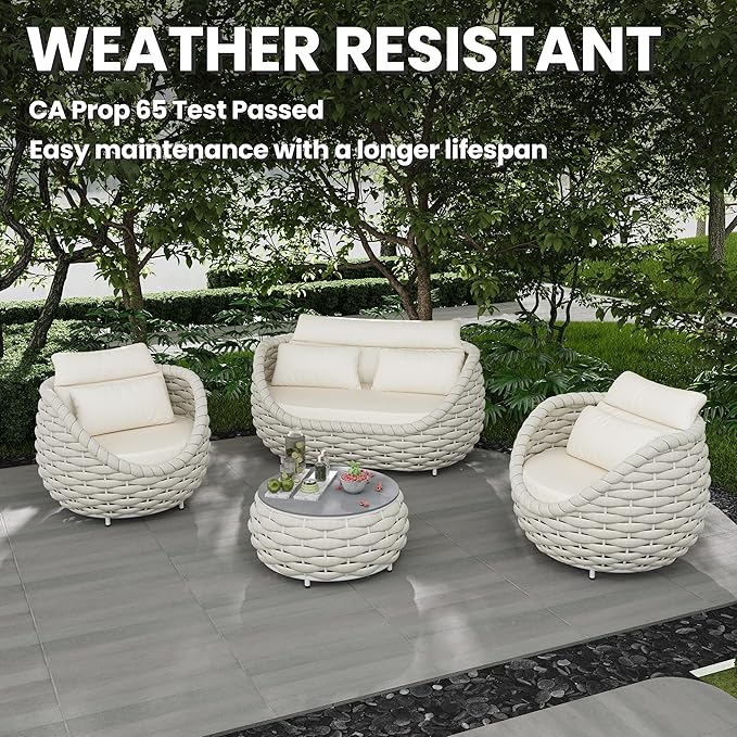 Metal Backyard Furniture Set: Aluminum Assembled Front Porch 4 Pieces Outdoor Set - Woven Rope Patio Conversation Set Modern - Cushioned Deck Couch Set Garden Sunroom Pool Hotel Resort, Beige