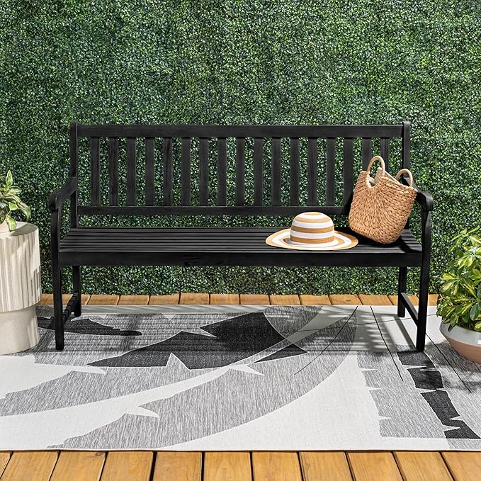 JONATHAN Y BNH101C Laurel 59.1" 3-Seat Slat-Back 600-Lbs Support Acacia Wood Outdoor Garden Patio Bench for Garden, Lawn, Backyard, Pool, Deck, Beach, Firepit, Black
