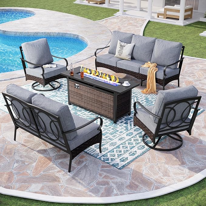 PHI VILLA Patio Furniture Set with 56" Fire Pit Table, Premium Outdoor Wicker Metal Frame Furniture with Upgraded Waterproof Thick Cushions for Porch, Poolside, Deck, and Yard (5 Pieces, Grey