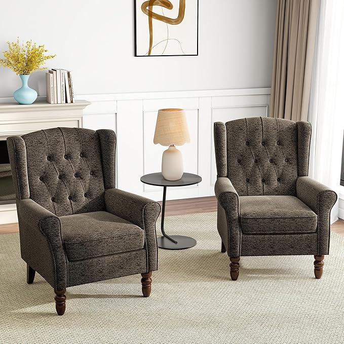 Pia Ricco High Back Floral Accent Chair - Retro Wingback Upholstered Armchair with Nailhead Trim, Solid Wood Legs, Fabric Living Room Bedroom Reading Chair (Taupe)