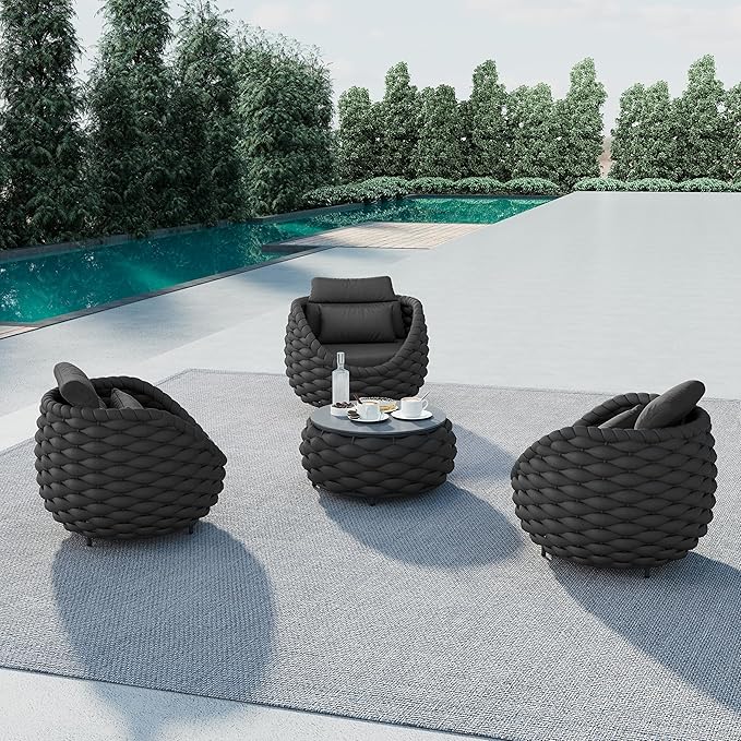 Balcony Furniture Set for Apartments: 4 Pieces Aluminum Woven Rope Patio Conversation Set - Modern Cushioned Lounge Chair Set - Assembled Porch Armchair for 400lbs Garden Lanai Hotel, Dark Grey