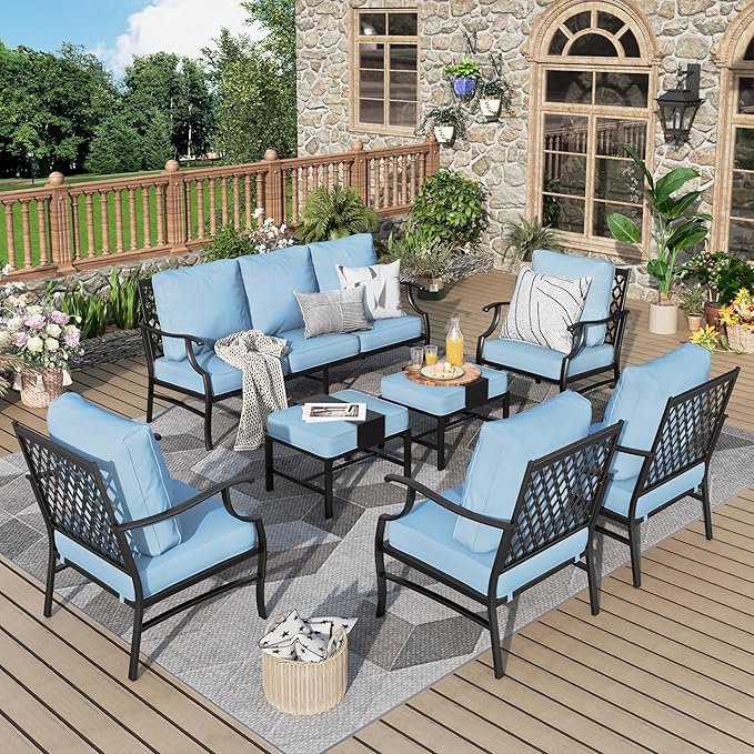 Patio Furniture Set 7 pcs, Outdoor Patio Furniture, 3-Seat Sofa, 4 Single Chairs, 2 Ottomans and 5.75" Extra Thick Cushion, Patio Conversation Set for Garden Backyard Deck,Blue