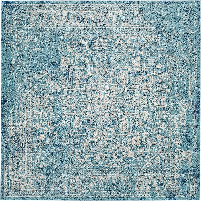SAFAVIEH Evoke Collection Area Rug - 9' Square, Blue & Ivory, Distressed Design, Non-Shedding & Easy to Clean, Ideal for Living Room, Bedroom, Dining Space (EVK256C)