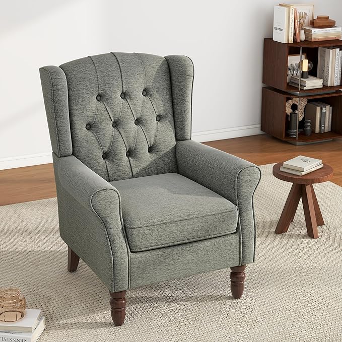 UIXE High Back Accent Chair, Fabric Upholstered Armchair for Living Room, Retro Wingback Arm Chair Comfy Single Sofa Bedroom Reading Seat with Solid Wooden Legs - Gray