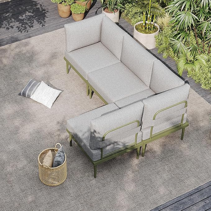 Sundale Outdoor 4 Pieces Patio Furniture Set, L-Shaped Outdoor Sectional Sofa with 6 Inch Olefin Cushion, All-Weather Modern Metal Outdoor Conversation Sets