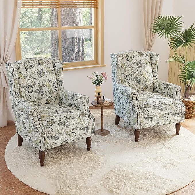 Lumibee Wingback Accent Chair, 2 Set High Back Floral Armchairs in Fabric,Comfy Upholstered Reading Single Sofa Chairs with Solid Wood Legs for Living Room,Bedroom,Office-Plants Beige