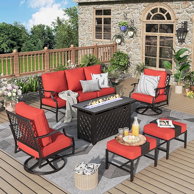 Patio Furniture Set, 6 Pcs Metal Outdoor Conversation Set, 2 Swivel Chairs, 2 Ottomans and 3 Seater Sofa with 5.75" Extra Thick Cushion and Gas Fire Pit Table, Red