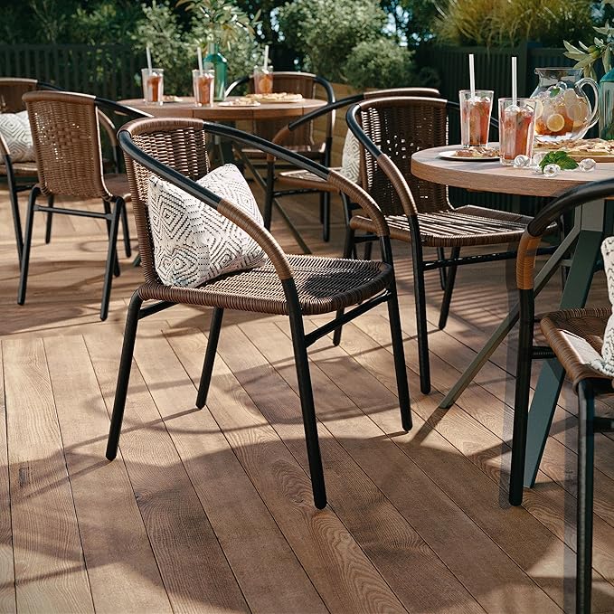 EMMA + OLIVER Set of 4 Modern Rattan Indoor/Outdoor Stack Chairs, Stacking Rattan Patio Chairs with Curved Back and Cross Bracing, Brown