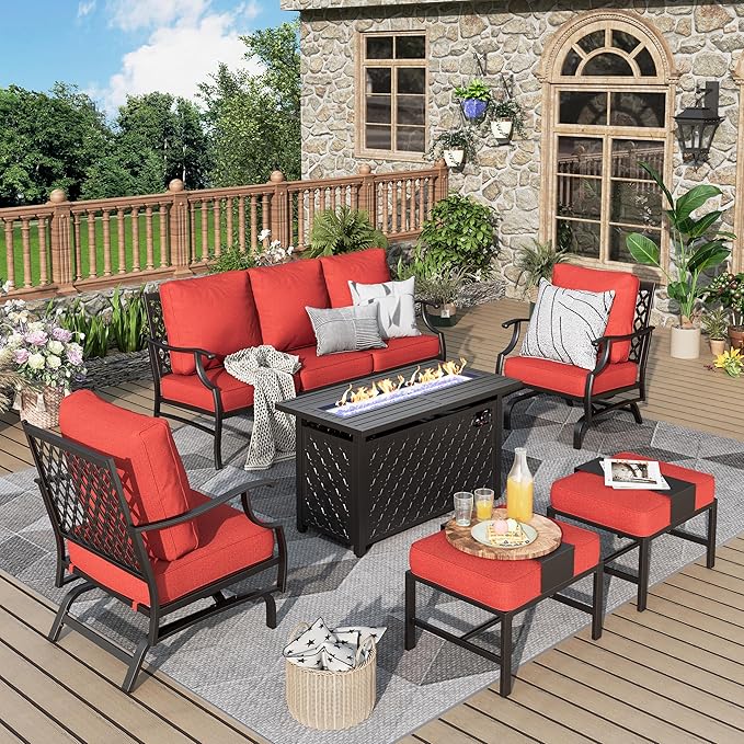 Patio Furniture Set, 6 Pcs Metal Outdoor Conversation Set, 2 Rocker Chairs, 2 Ottomans and 3 Seater Sofa with 5.75" Extra Thick Cushion and Gas Fire Pit Table, Red