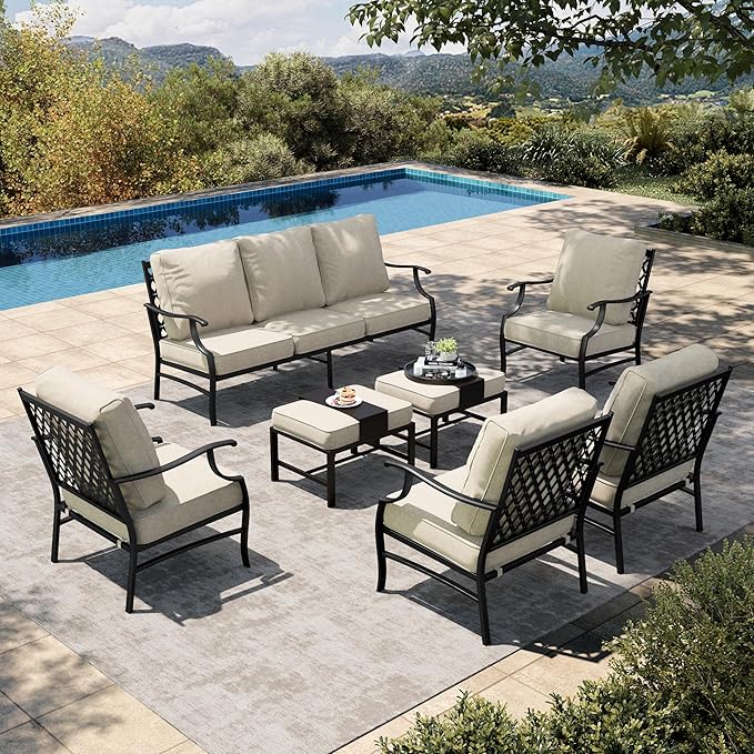HERA'S HOUSE 7 Piece Patio Furniture Set, 4 x Fixed Metal Cushioned Chair, 2 x Cushioned Ottoman, 1 x 3-Seat Sofa, Outdoor Conversation Set for Lawn Garden Backyard Poolside