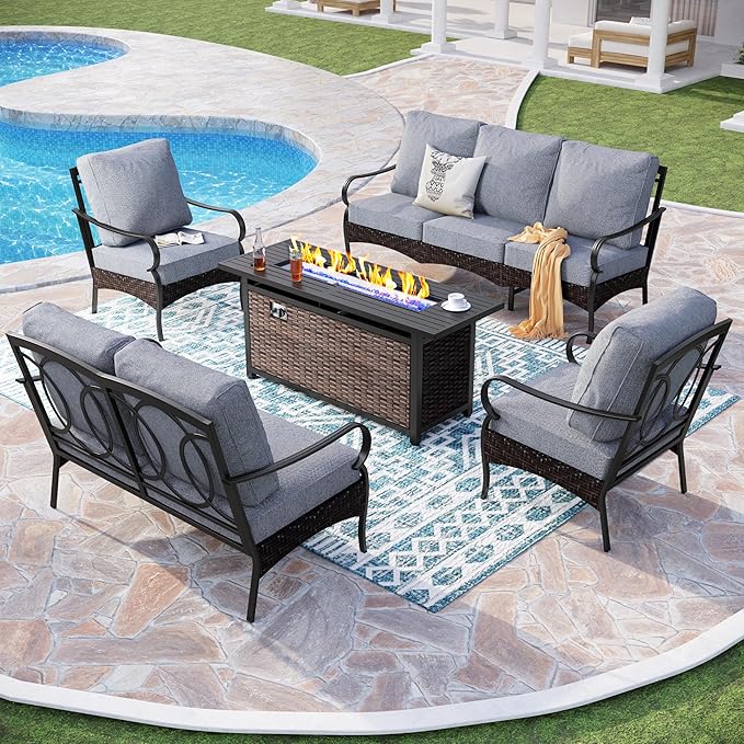 Patio Furniture Set with 56" Fire Pit Table, Premium Outdoor Wicker Metal Frame Furniture with Upgraded Waterproof Thick Cushions for Porch, Poolside, Deck, and Yard