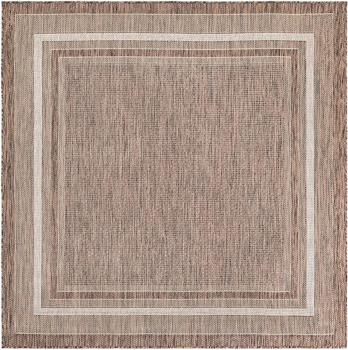Unique Loom Outdoor Border Collection Area Rug - Soft Border (6' 1" Square Brown/Ivory)