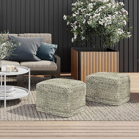 SIMPLIHOME Janelle Boho Square Woven Outdoor/ Indoor Pouf in Multi Color Recycled PET Polyester for the Living Room, Bedroom and Kids Room