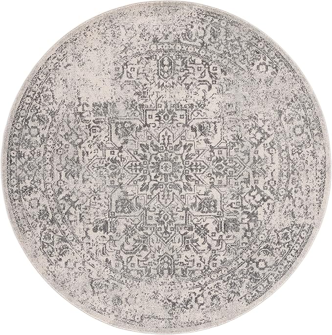 SAFAVIEH Evoke Collection Area Rug - 5'3" Round, Ivory & Grey, Distressed Design, Non-Shedding & Easy to Clean, Ideal for Living Room, Bedroom, Dining Space (EVK256F)