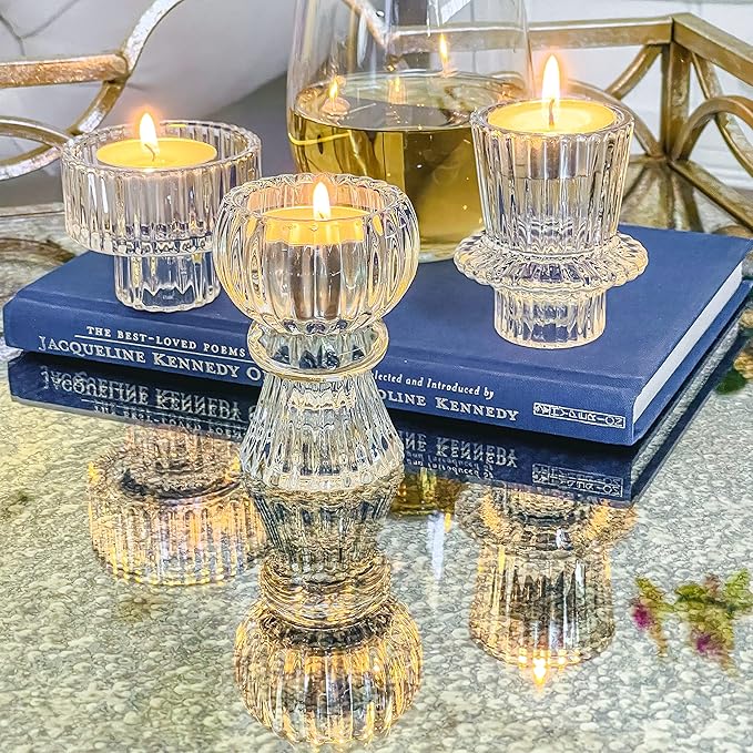Kate Aspen Vintage Ribbed Glass Black Candlestick Holders, Pillar Candle, Tealight & Votive Candle Holders (Set of 6, 3 Assorted Sizes), Dining Table Decor, Shelf Decor, Centerpiece