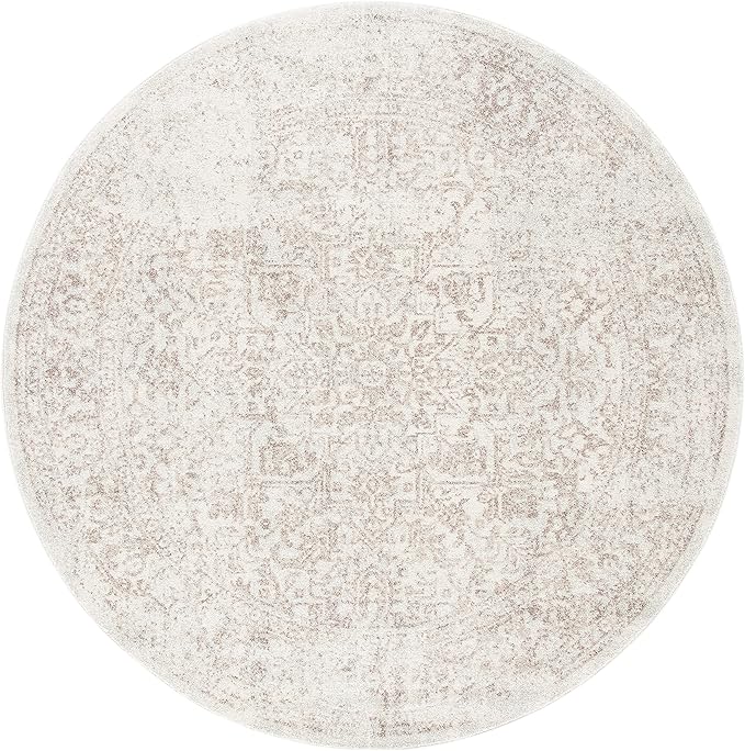 SAFAVIEH Evoke Collection Area Rug - 8' Round, Ivory & Taupe, Distressed Design, Non-Shedding & Easy to Clean, Ideal for Living Room, Bedroom, Dining Space (EVK256E)
