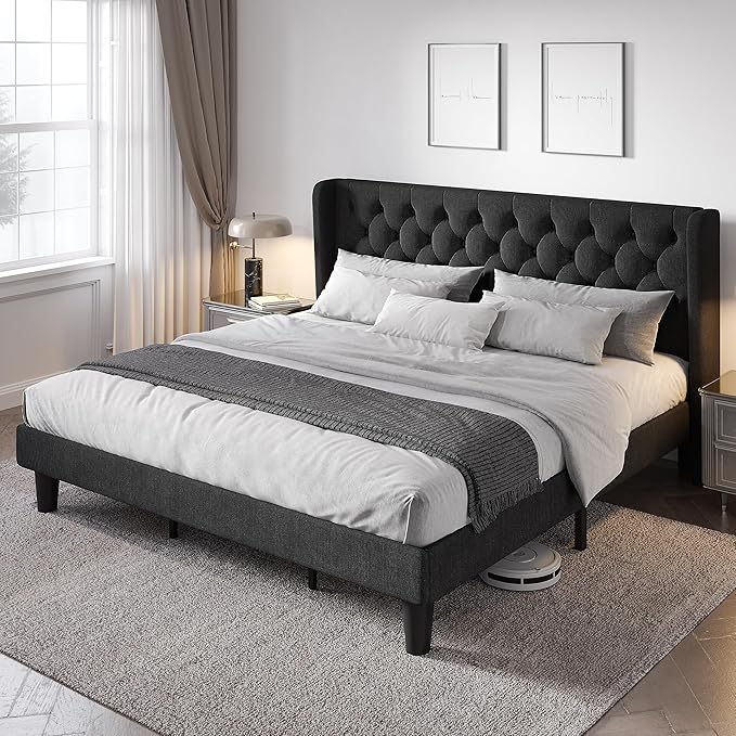 Allewie King Size Bed Frame with Button Tufted Wingback Headboard, Modern Upholstered Bed Frame with Solid Wooden Slats Support - No Box Spring Needed, Easy Assembly, Black