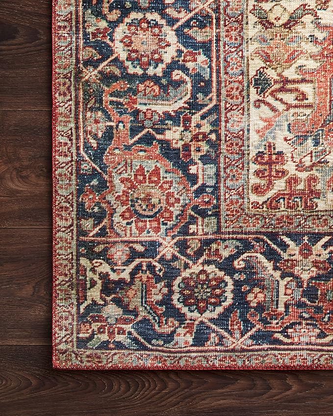 Loloi Layla Collection LAY-08 Red/Navy 5'-0" x 7'-6" .13" Thick Area Rug, Soft, Durable, Vintage Inspired, Distressed, Low Pile, Non-Shedding, Easy Clean, Printed, Living Room Rug