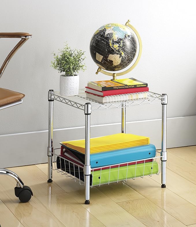 Whitmor 2 Tier Metal Storage Shelves, Heavy Duty Shelf with Basket, 350 lbs Capacity per Shelf, 700 lbs Total, Home Organizer for Kitchen, Bathroom, Bedroom, 15" L x 14" W x 15" H, Chrome