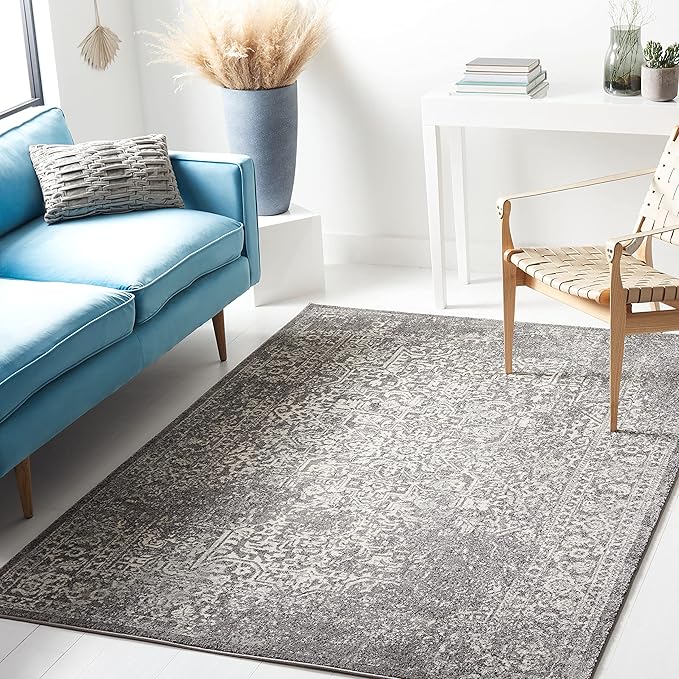 SAFAVIEH Evoke Collection Area Rug - 6'7" x 9', Grey & Ivory, Distressed Design, Non-Shedding & Easy to Clean, Ideal for Living Room, Bedroom, Dining Space (EVK256D)