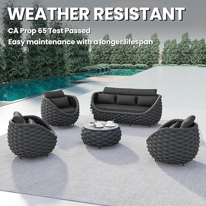 Aluminum Outdoor Seating Set: 5-Piece Woven Rope Patio Conversation Set of 6 - Metal Sofa Set Assembled Cushioned - Modern Couch Porch Furniture for Deck Lanai Balcony Yard Pool Hotel, Dark Gray