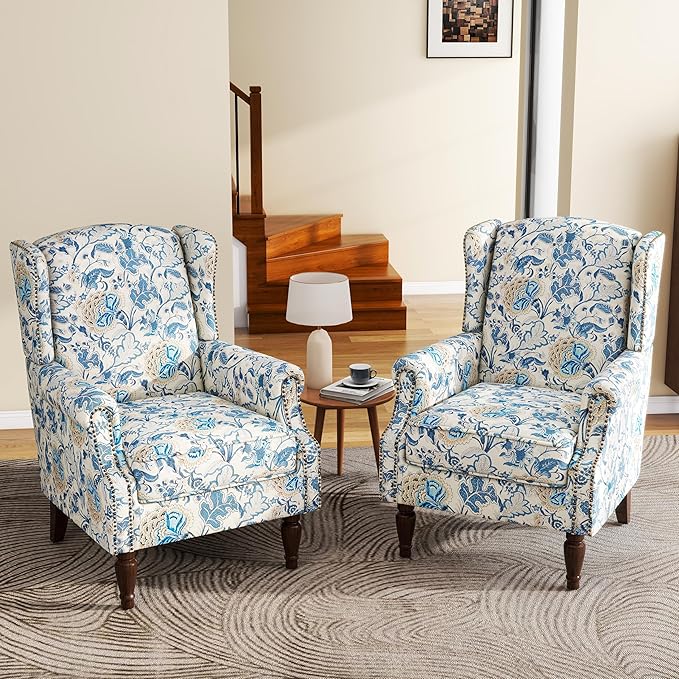 UIXE High Back Floral Accent Chairs Set of 2, Upholstered Armchair in Fabric, Retro Printed Wingback Arm Chair for Living Room, Nailhead Trim Single Sofa Bedroom Reading Seat - Boho Blue