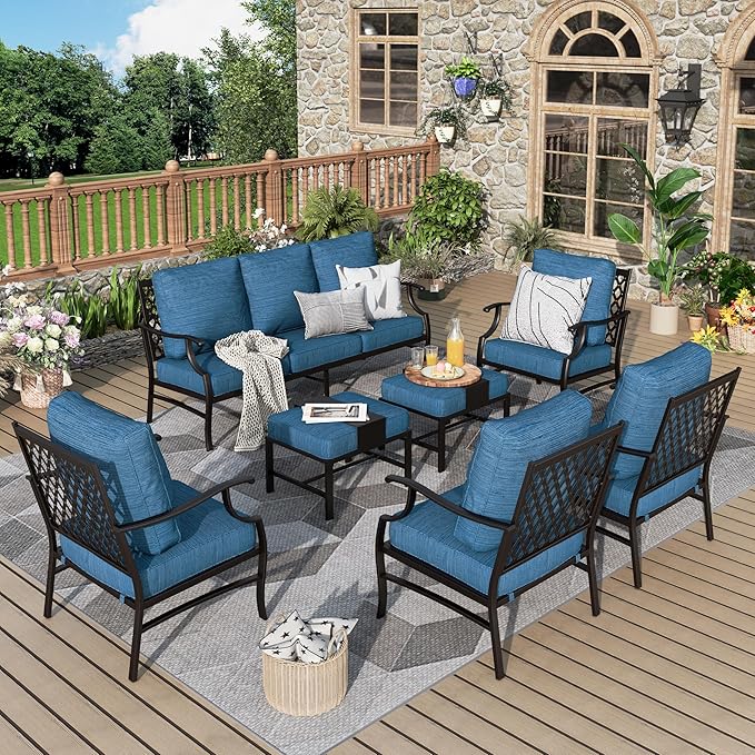Patio Furniture Set 7 pcs, Outdoor Patio Furniture, 3-Seat Sofa, 4 Single Chairs, 2 Ottomans and 5.75" Extra Thick Cushion, Conversation Set for Backyard Deck,Gemstone Blue
