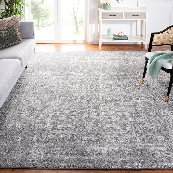 SAFAVIEH Area Rug 8x10 - Evoke Collection - Large - Silver & Ivory, Distressed Design, Non-Shedding & Easy to Clean, Ideal for Living Room, Bedroom, Dining Space (EVK256S)