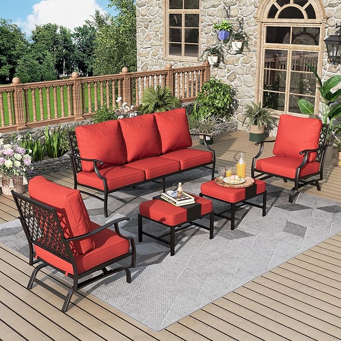 Patio Furniture Set 5 pcs, Outdoor Patio Furniture, 3-Seat Sofa, 2 Rocking Chairs, 2 Ottomans and 5.75" Extra Thick Cushion, Patio Conversation Set for Garden Backyard Deck,Red